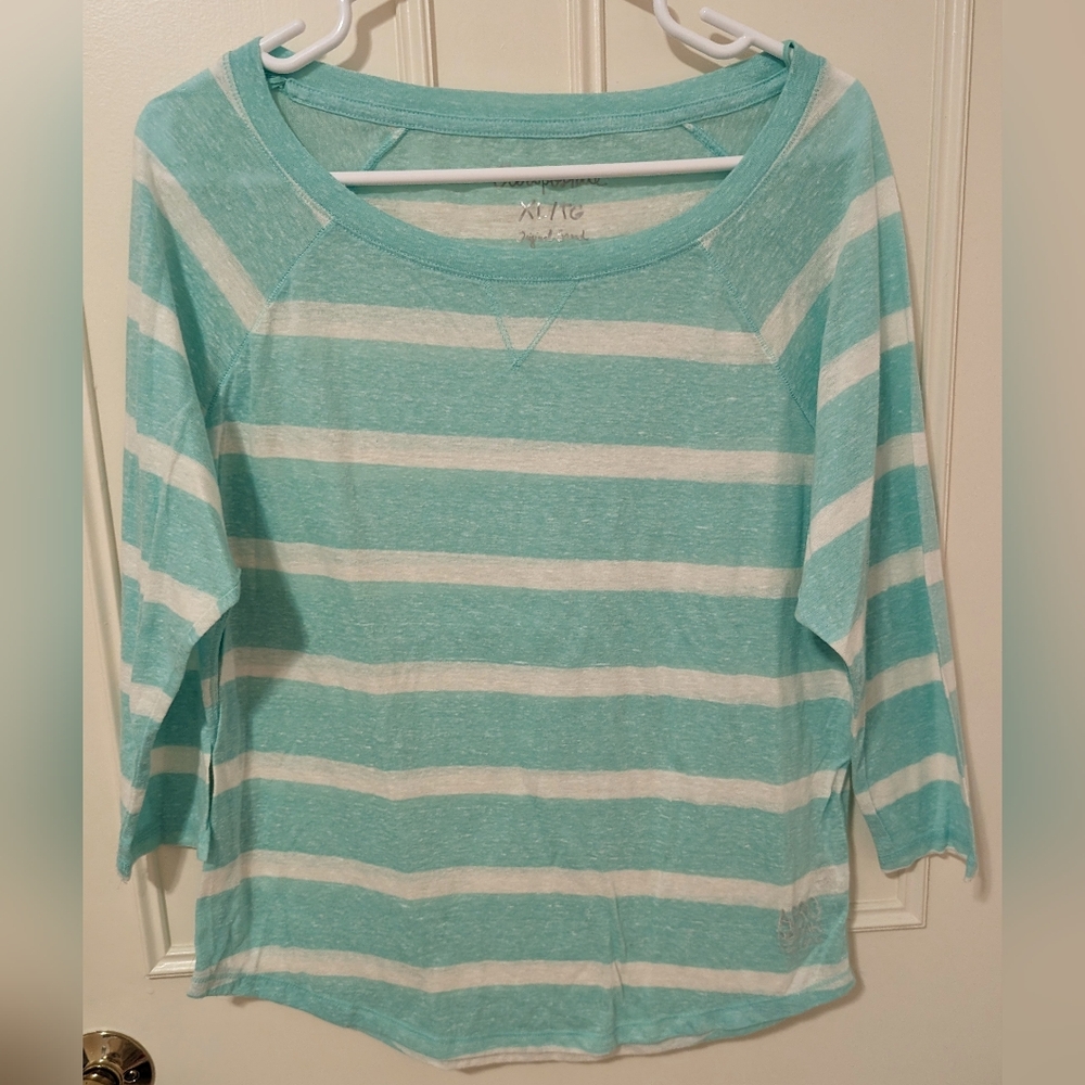 Aeropostale Mint Green and White Striped 3/4 Sleeve Shirt
